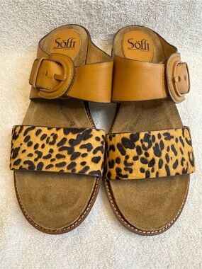 Sofft Braye Leopard Calf Hair Slide Sandals Luggage Tan Leather Comfort Sz 8